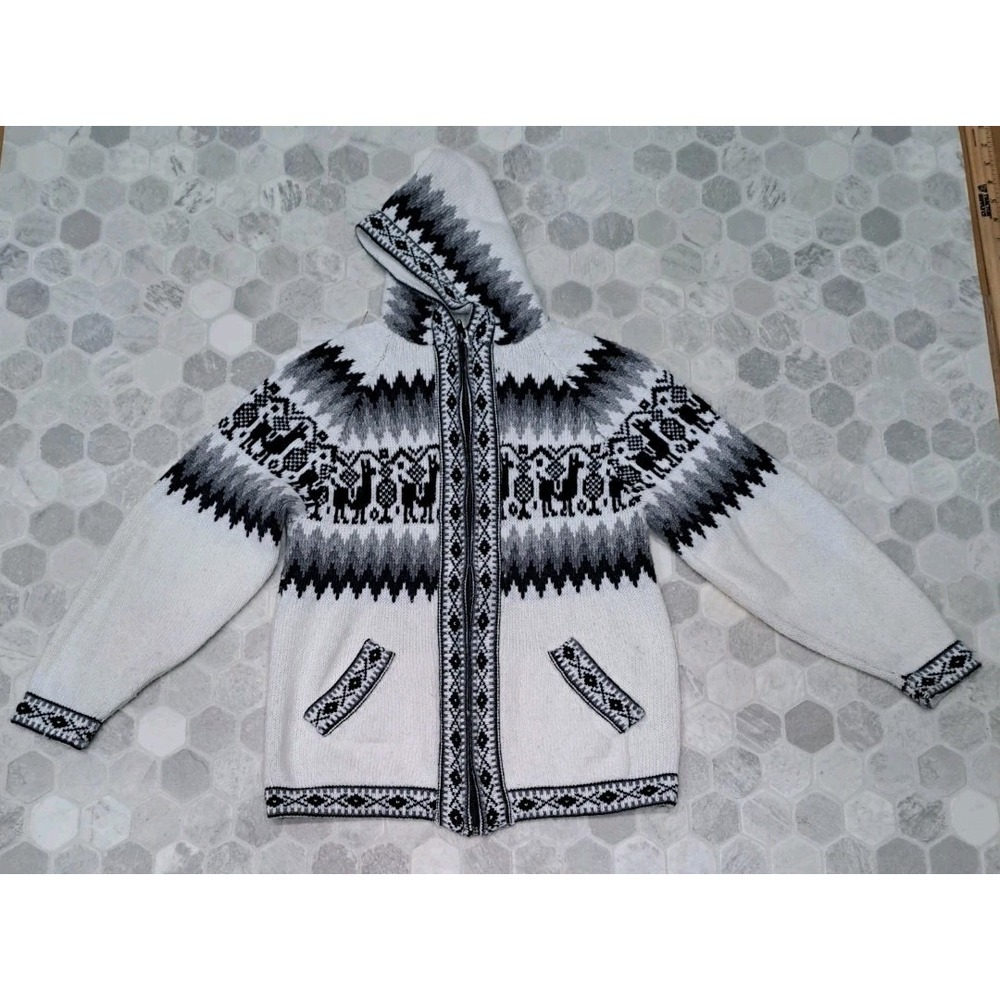 INCA J.R. sweater long sleeve 100% peruvian alpaca Aztec  Hood Size Extra Small